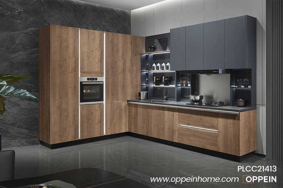 Modern L-Shaped Oak Wooden Kitchen Cabinet PLCC21413