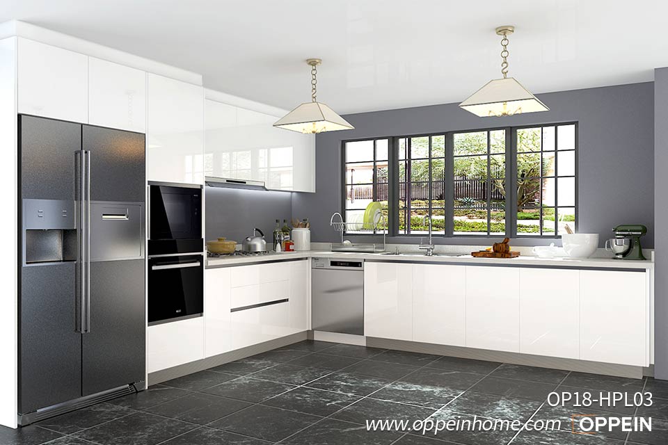 L-Shaped Laminate White Kitchen Cabinets OP18-HPL03