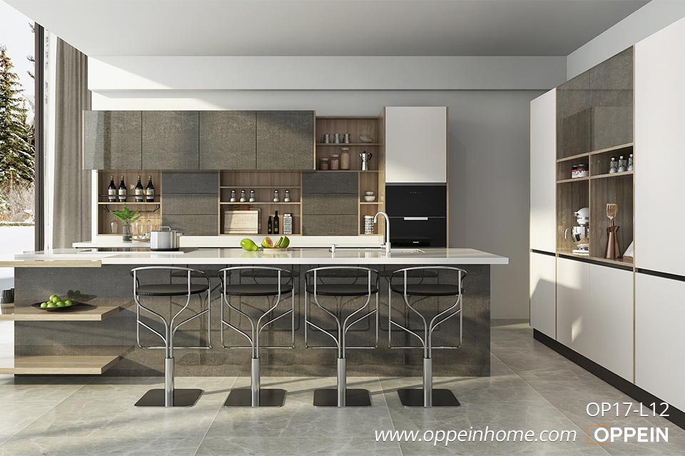 Grey Laminate and White Lacquer Kitchen Cabinet OP17-L12