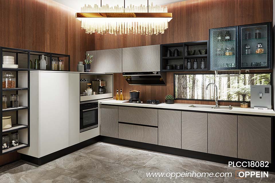 Simple Design L Shaped White and Gray Kitchen Units PLCC18082