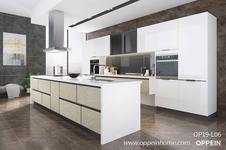 High Gloss White Lacquer Kitchen With Island OP19-L06