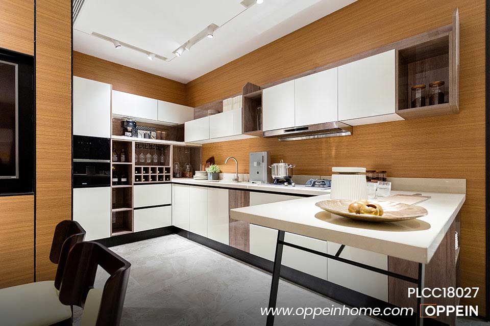 White L-Shaped Kitchen with Small Bar PLCC18027