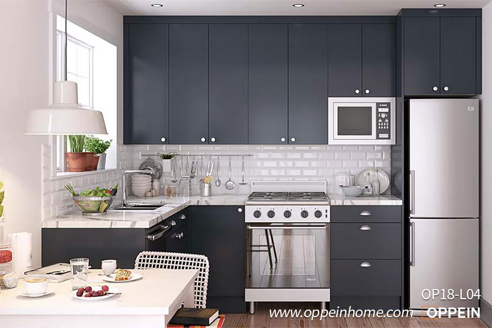 Small L-Shaped Navy Blue Kitchen Cabinet OP18-L04