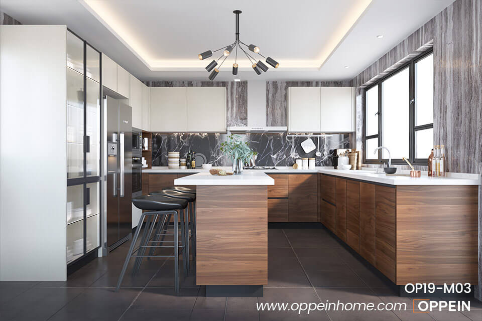 Large Wood Grain & White Melamine Kitchen With Island OP19-M03