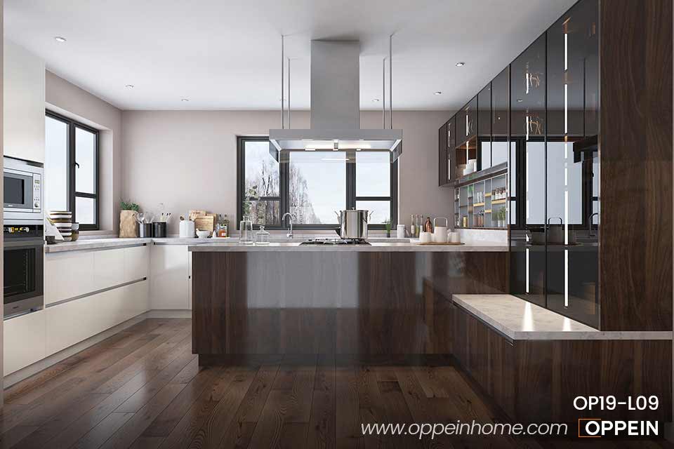 Wood Brown High Gloss UV-Lacquer Kitchen Cabinet OP19-L09