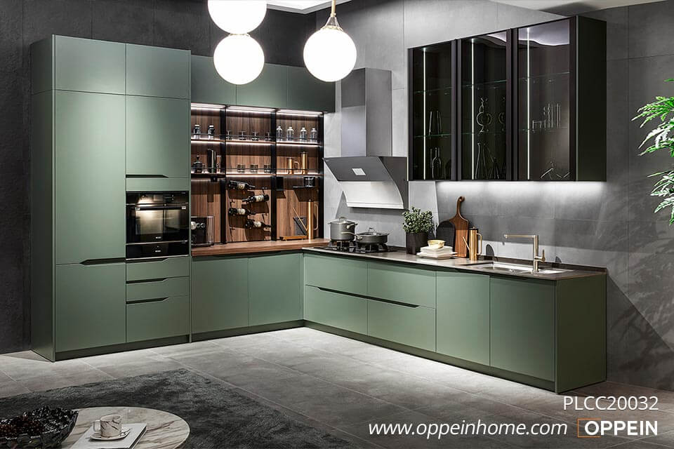 Green Lacquer Handleless Kitchen Cabinet PLCC20032