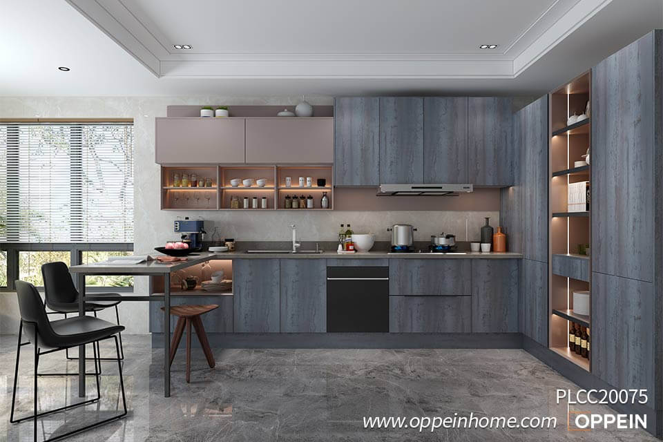 L-shaped Wood Grain Melamine Kitchen Cabinet PLCC20075