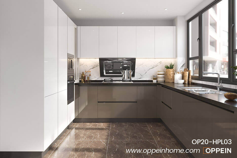 U-Shape Handleless Laminate Kitchen Cabinet OP20-HPL03