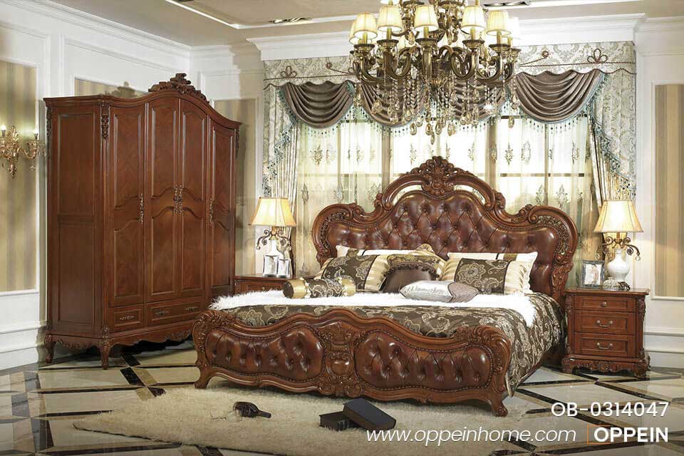 Luxury and Traditional  Solid Wood Bed  With  Brown Leather OB-0314047