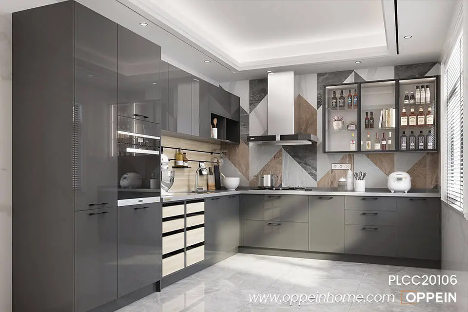 Modern Glossy Grey Kitchen Cabinet with an L-shaped Design PLCC20106
