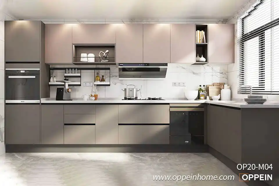 Handleless Modern Grey Melamine Kitchens With Simple Designs OP20-M04