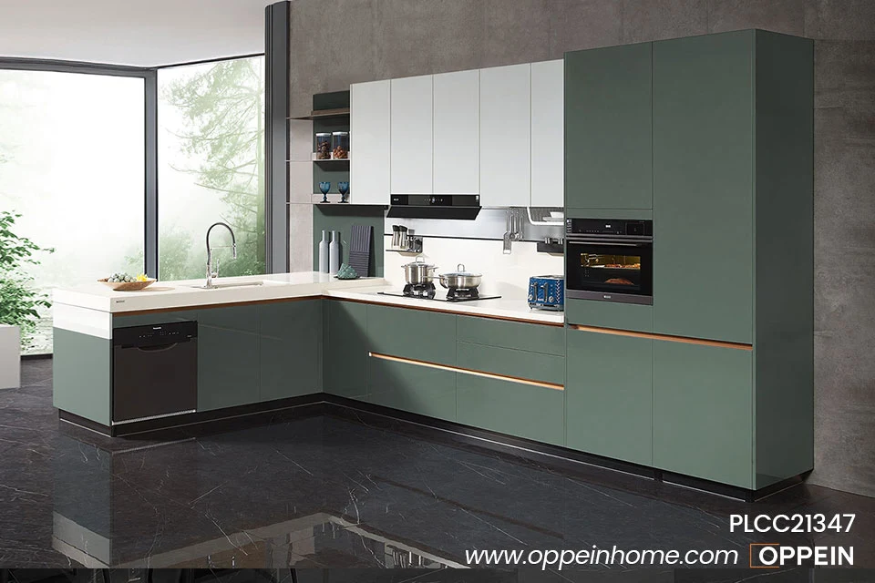 L-Shaped Green Modern Kitchen Cabinet PLCC21347