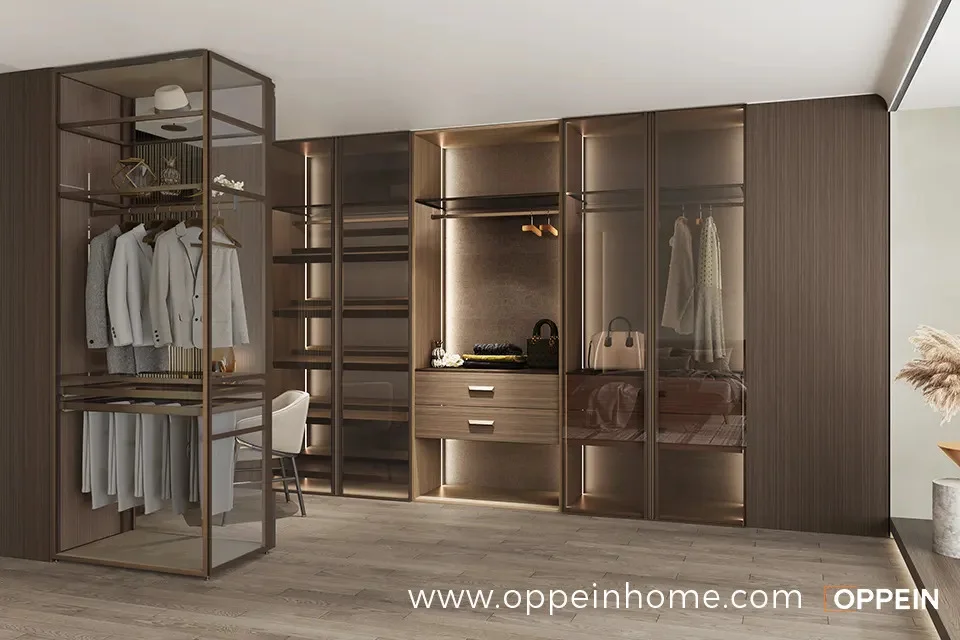 Modern Open Wood Tone Walk-in Closet - Next