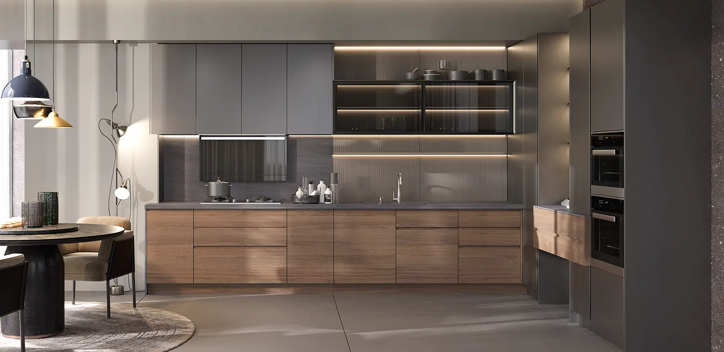 handleless-walnut-veneer-and-grey-german-kitchen-cabinet-in-l-shaped-layout handleless-walnut-veneer-and-grey-german-kitchen-cabinet-in-l-shaped-layout