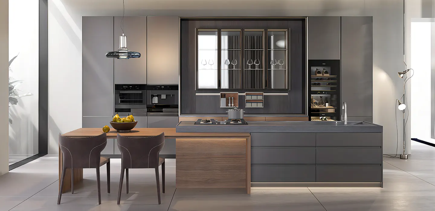 modern-handleless-walnut-veneer-and-grey-german-kitchen-cabinet-with-island modern-handleless-walnut-veneer-and-grey-german-kitchen-cabinet-with-island
