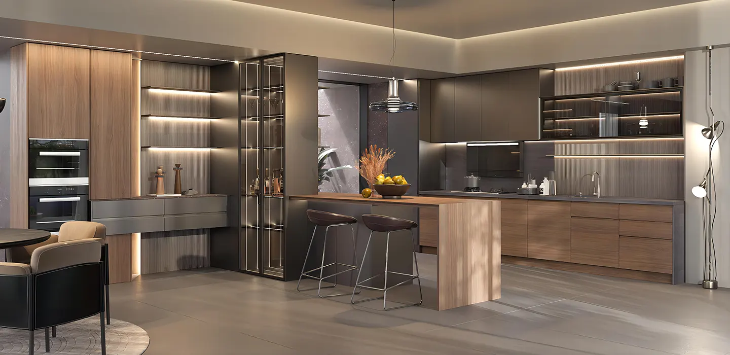 modern-walnut-veneer-and-grey-german-kitchen-cabinet-in-f-shaped-layout modern-walnut-veneer-and-grey-german-kitchen-cabinet-in-f-shaped-layout