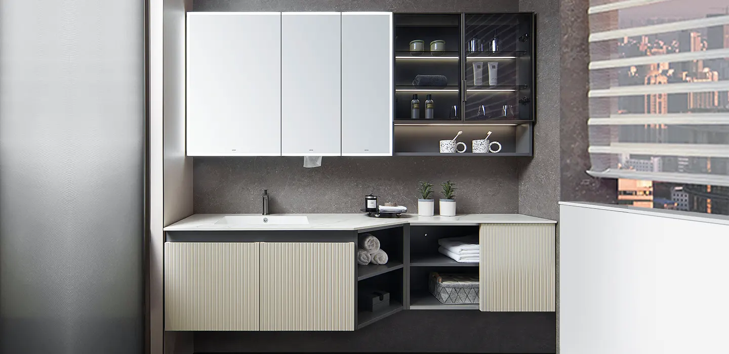 modern-wall-mounted-beige-fluted-bathroom-vanity-with-grey-open-cabinets modern-wall-mounted-beige-fluted-bathroom-vanity-with-grey-open-cabinets