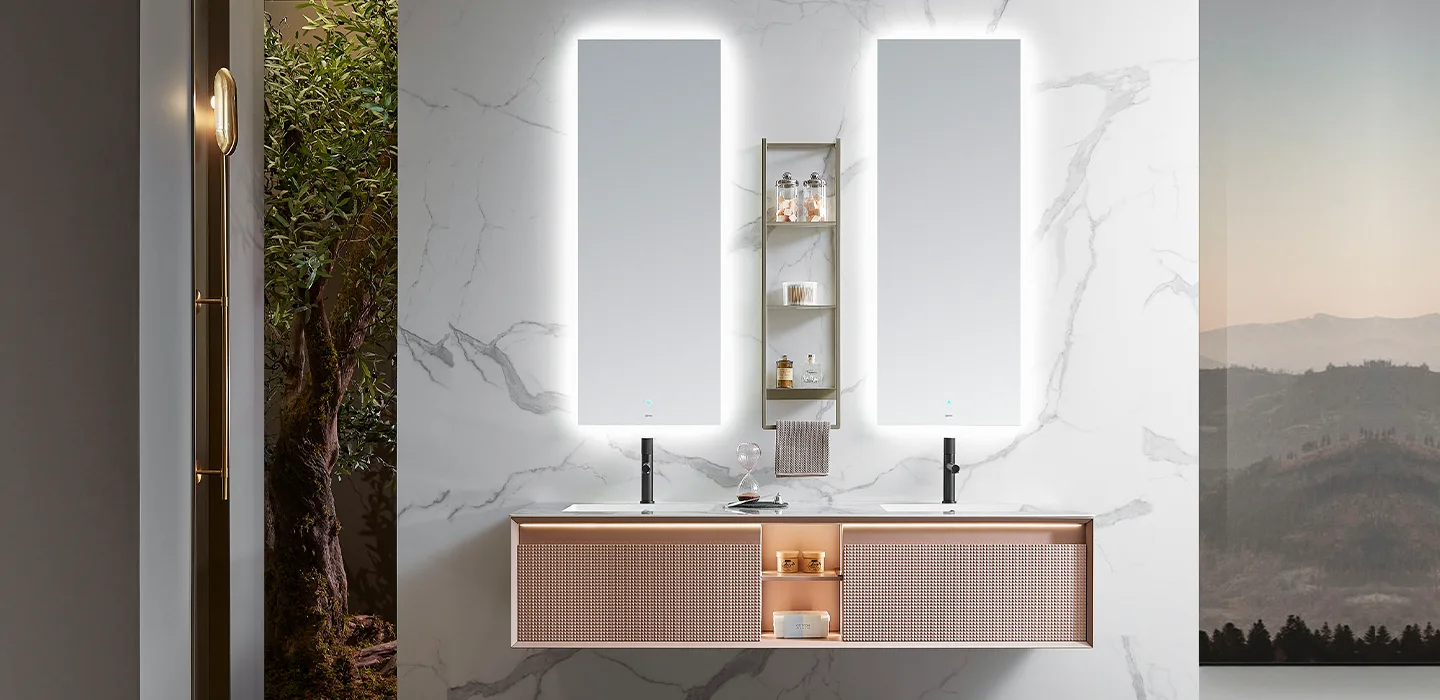 modern-wall-hung-pink-double-bathroom-vanity-with-black-hardware modern-wall-hung-pink-double-bathroom-vanity-with-black-hardware